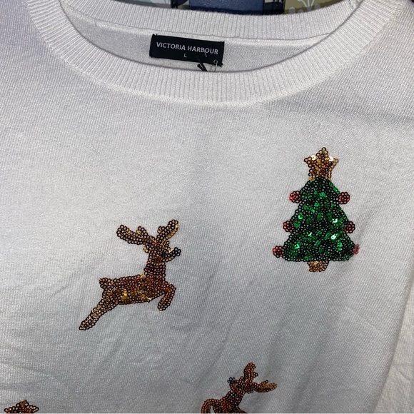 CHRISTMAS WHITE RIBBED KNIT VICTORIA HARBOR CREW NECK SWEATER - Picture 3 of 6